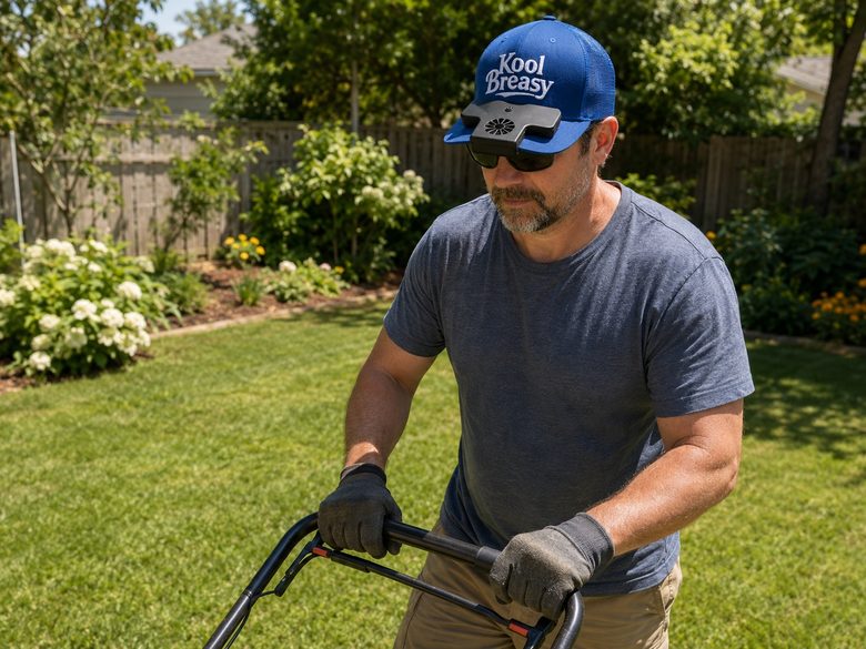 Man wearing Kool Breasy mowing the lawn